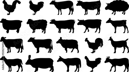 "Create a uniform grid of farm animal silhouettes in side view. Use simple, flat black shapes on white. Feature a wide variety including domestic birds, mammals, and barnyard companions."
