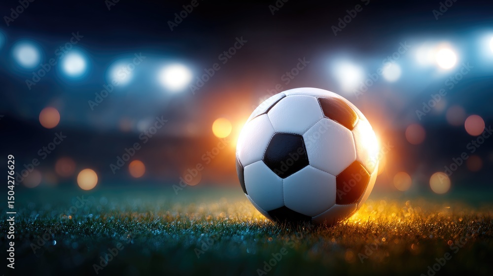 Fototapeta premium Illuminated soccer ball on a field at night.