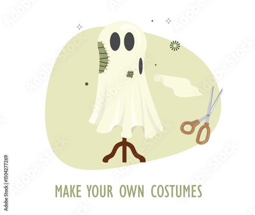 DIY Halloween Ghost Costume Making Craft Project. Homemade Halloween costume creation and crafting supplies for spooky celebrations. Eco-friendly halloween. Flat style. Vector illustration