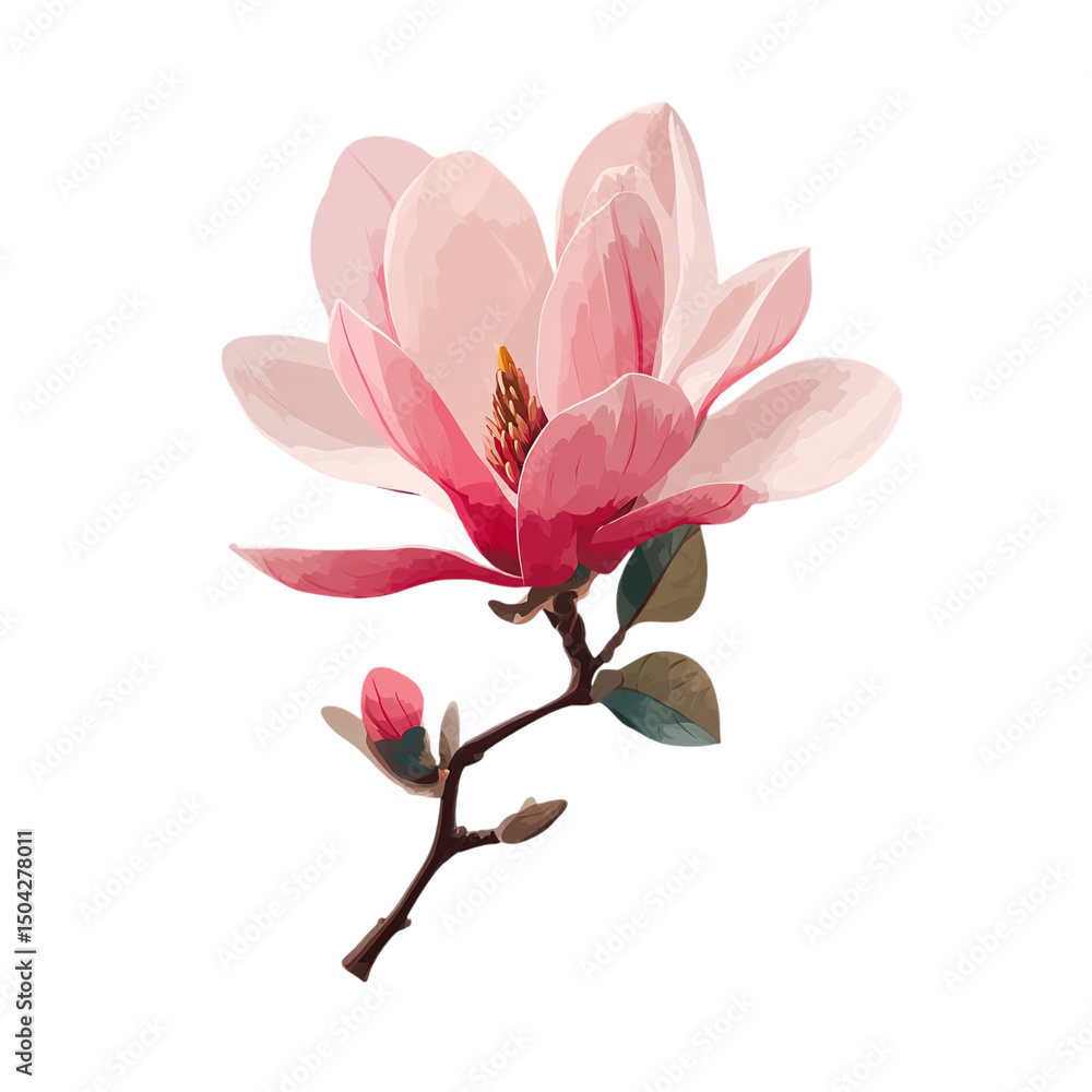Obraz premium Elegant pink magnolia flower with delicate petals and green leaves, showcasing nature's beauty