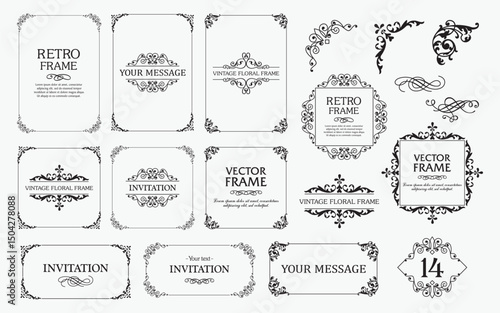 Design elements set, decorative flourish border corner and frame collection for invitation, menu and page decoration