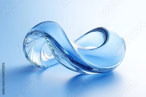 Clear blue glass Mobius strip rests elegantly on a soft blue gradient background