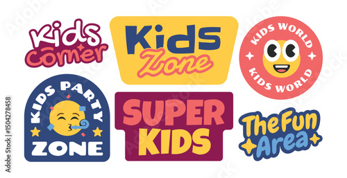 Cartoon play kids stickers, badges, patchs collection. Colorful kids zone sign for emblems and labels.