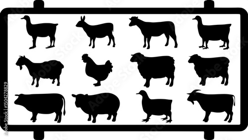 "Produce a modern, minimalist chart of black animal silhouettes representing a variety of farm species. No color or detail, just clean outlines in profile on a white grid."
