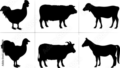 "Produce a modern, minimalist chart of black animal silhouettes representing a variety of farm species. No color or detail, just clean outlines in profile on a white grid."
