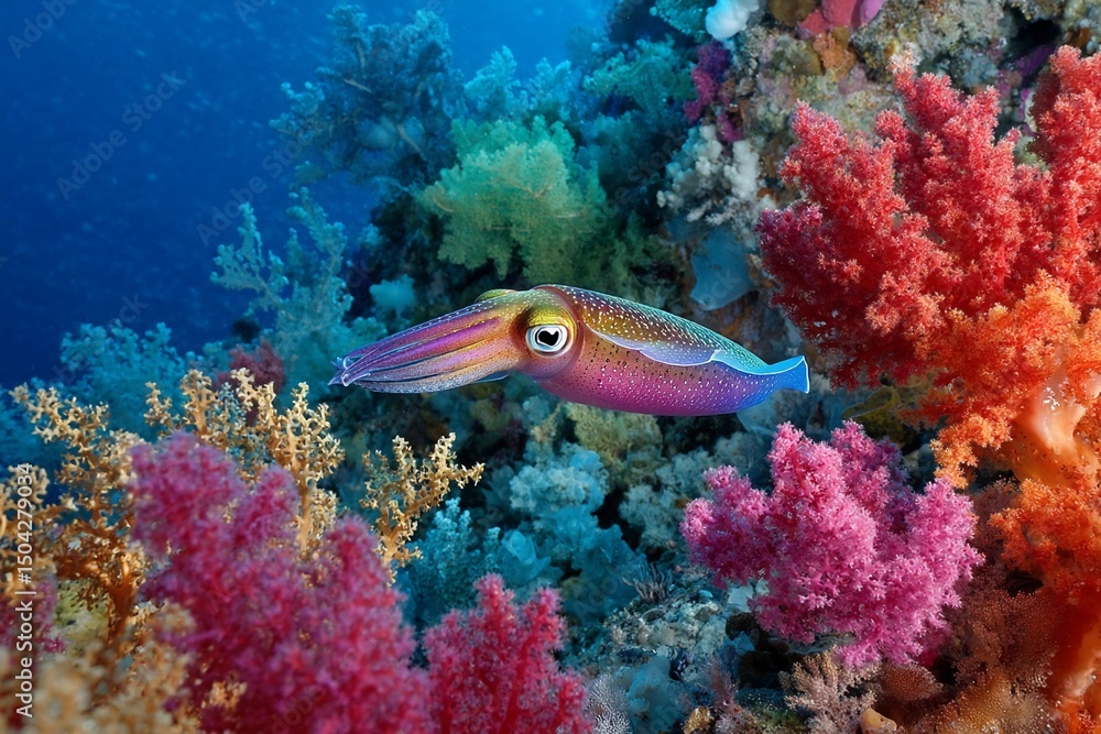 Fototapeta premium Colorful squid swims among vibrant coral reef in crystal clear water