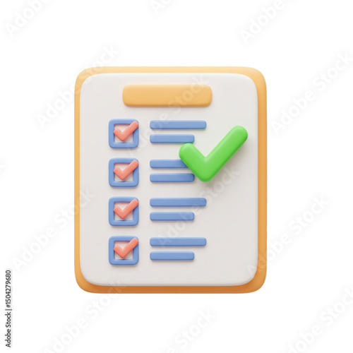 Successful completion concept: 3D rendered illustration of a completed checklist with green checkmark