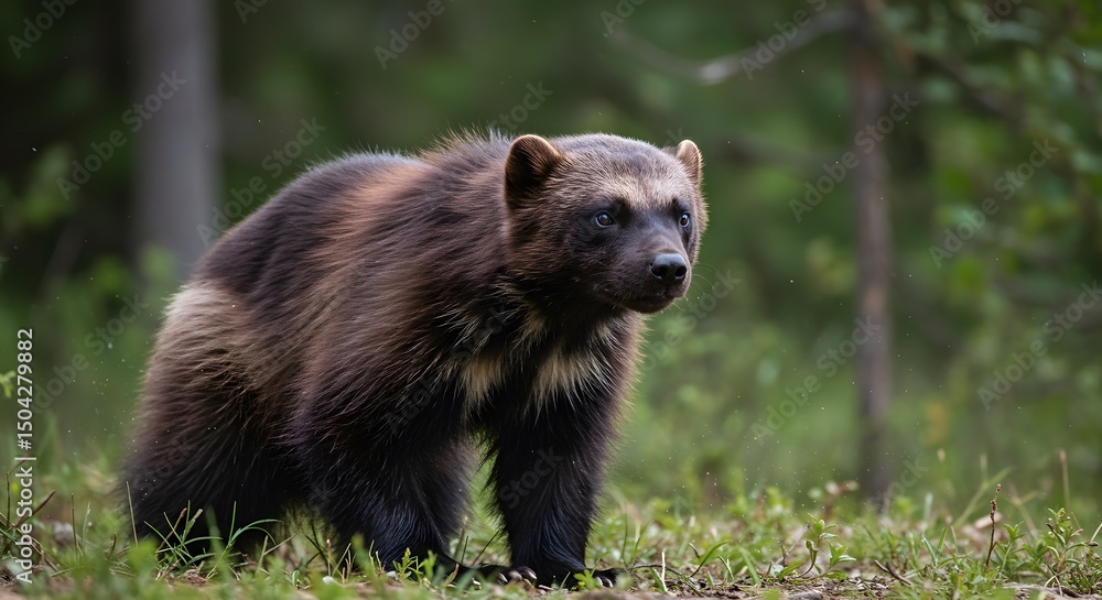 Fototapeta premium Majestic Wolverine in Forest, Focused on the Details of Fur and Eyes