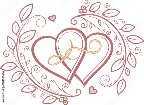 Intertwined Heart Wedding Insignia with Elegant Floral Accents - Perfect for Romantic Invitations, Marriage Celebrations, and Timeless Keepsake Designs