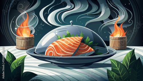 Gourmet salmon fillet displayed beneath a lifted silver cloche, dramatic steam rising in a swirl. The intimate restaurant setting, paired with a dark, elegant ambiance, enhances the inviting experienc