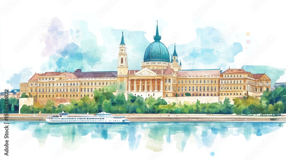 Fototapeta premium Buda Castle. Buda Castle hand drawn watercolor illustration