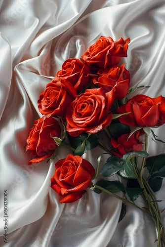 A bouquet of red roses is beautifully arranged on soft, shiny fabric, creating a romantic atmosphere. The roses are lush and vivid, showcasing their rich colors and delicate petals