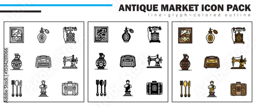 This icon set includes antique painting, perfume bottle, phone, pottery, radio, sewing machine, silverware, statue, and suitcase—each capturing timeless charm and artistic detail of the past.