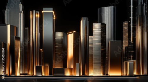 Futuristic city skyline, illuminated by warm golden light, showcasing modern skyscrapers with metallic finishes