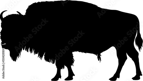
"A bold black and white silhouette of a bison in profile, centered in the frame, facing right. The bison's shaggy fur, curved horns, and strong legs are clearly defined in a clean, minimal graphic de
