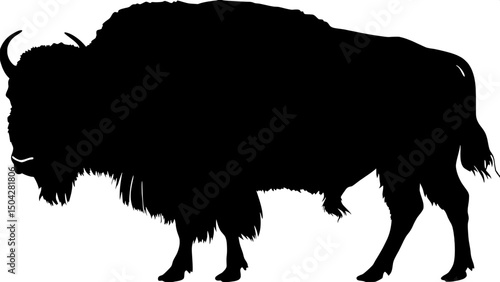 
"A bold black and white silhouette of a bison in profile, centered in the frame, facing right. The bison's shaggy fur, curved horns, and strong legs are clearly defined in a clean, minimal graphic de