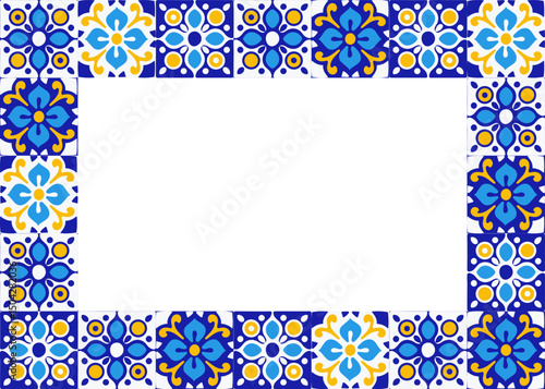Mediterranean ceramic tile frame with vibrant ornamental patterns in blue, yellow, and white. Perfect for summer invitations, wedding templates, travel cards, or digital scrapbooking. Vector 