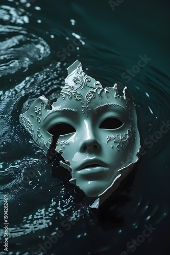 porcelain mask floating just below the surface of dark mysterious water