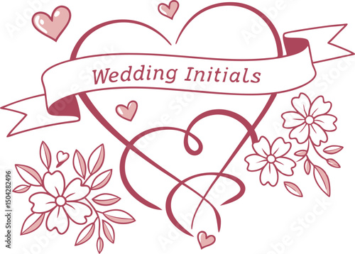 Romantic Heart Wedding Insignia with Floral Detailing and Banner for Custom Initials—Perfect for Personalized Wedding Invitations and Celebration Decor