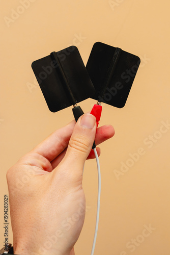 Electrodes. Electrotherapy in physiotherapy. Shock wave equipment for injury treatment. Human hand holding electrodes