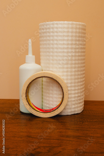 First aid. Tape, cloth and alcohol for wounds and accidents, concept of caring for skin injuries