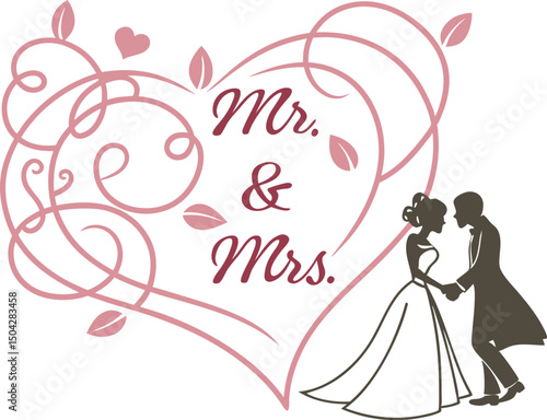 Elegant Wedding Insignia with Romantic Heart and Swirls Featuring Silhouetted Bride and Groom—Perfect for Mr. & Mrs. Wedding Invitations and Celebrations