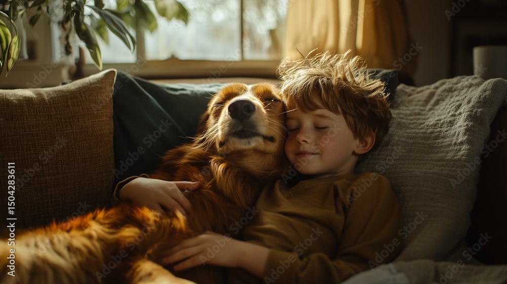 Boy cuddles his dog on the sofa Boy cuddles his dog on the sofa