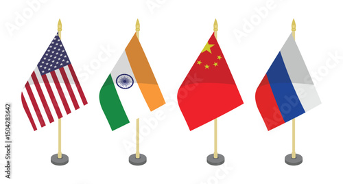 America Russia China India Pole Flag Flat
