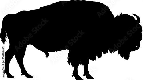 "Minimalist logo-style artwork of a full-body bison silhouette, rendered in black and white. The animal is shown in profile view, standing powerfully, with detailed fur texture and horn shape conveyed