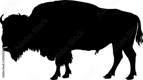 "Minimalist logo-style artwork of a full-body bison silhouette, rendered in black and white. The animal is shown in profile view, standing powerfully, with detailed fur texture and horn shape conveyed