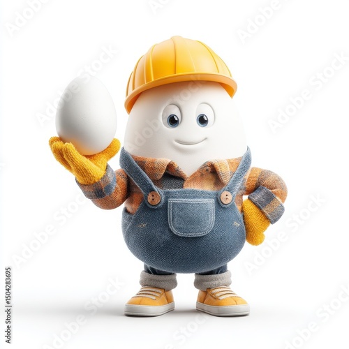 Cute Egg Character Wearing Hard Hat and Overalls Holding Egg