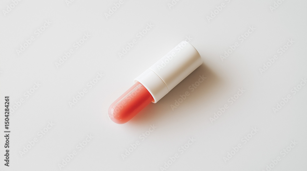 A lip balm with the cap removed, revealing the smooth balm stick, isolated on a white background. A lip balm with the cap removed, revealing the smooth balm stick, isolated on a white background.