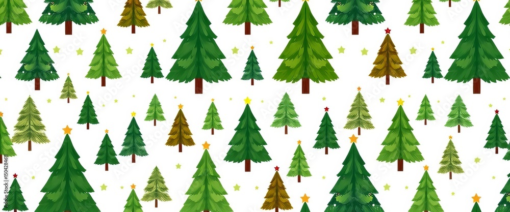 Obraz premium Festive seamless pattern of stylized Christmas trees in varying sizes and shades of green on a white background, modern, repeat