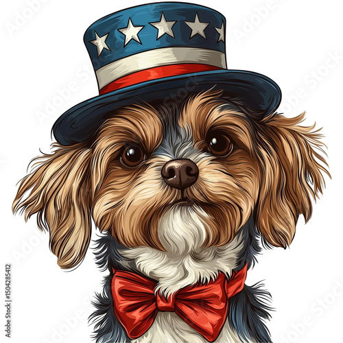 A dog wearing a patriotic hat with stars and stripes and a red bow tie on a black background portrait