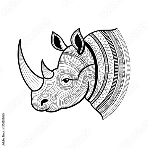 A black and white mandala rhinoceros head design illustration line art of a coloring page