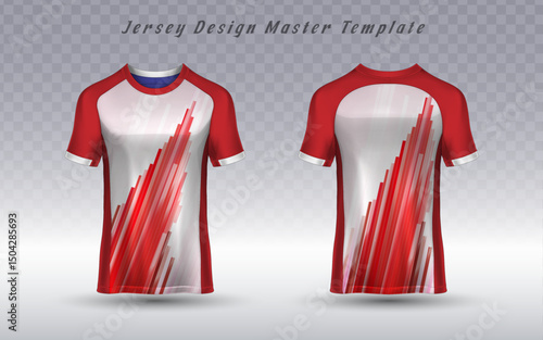 Professional sports jersey template featuring a white base with red sleeves and collar. Dynamic red diagonal graphics add movement, perfect for custom sportswear branding.
