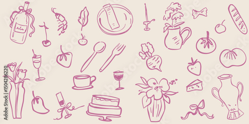 Italian Summer Wedding Clipart of food and drinks. Background with doodle drawings of italian and french food, cocktails, flowers and decor. Coquette line art pattern