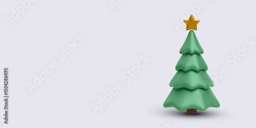 Cute Green Christmas Tree With Golden Star On Top In Minimal 3D Style, Standing On Light Background. Perfect For Holiday Cards, Winter Decor, Or Festive Scenes. Vector Illustration