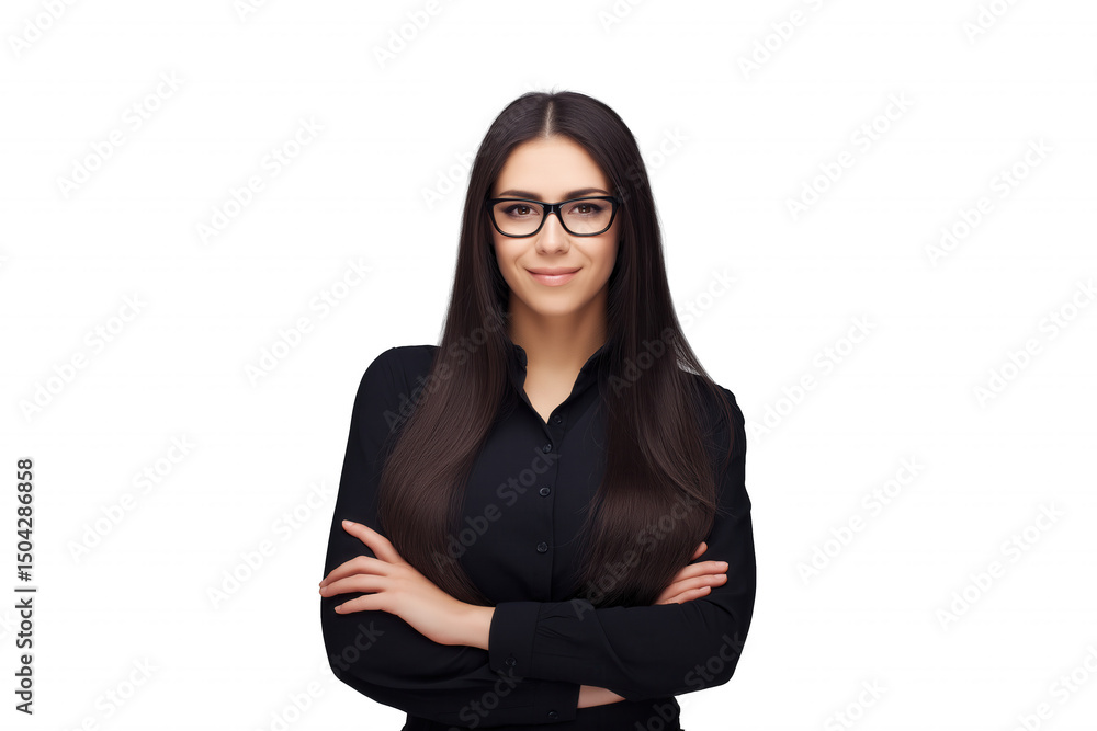 Fototapeta premium Confident young woman in black button-up shirt with rectangular black-framed glasses, transparent background