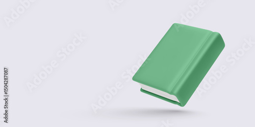 Green hardcover book in 3D cartoon style on soft background. Ideal for school, education, or literature visuals. Clean and simple design. Vector illustration.