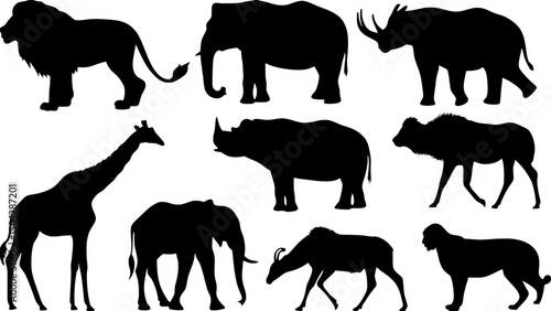 "A collection of African wildlife silhouettes in profile view, featuring a lion, elephant, giraffe, rhinoceros, buffalo, impala, tiger, wolf, and flamingo. All animals are rendered as pure black shape