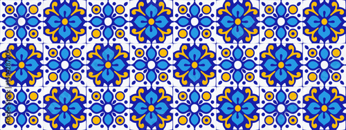 Seamless Mediterranean tile pattern with blue, yellow, and white ceramic motifs. Traditional Portuguese and Spanish designs. Perfect for decor, packaging, backgrounds, and summer themes.