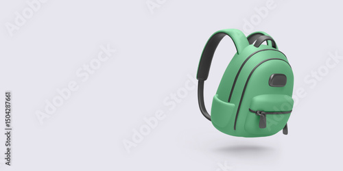 Minimalistic green backpack with black straps and zipper, levitating on light background. Vector illustration perfect for travel, school, hiking, lifestyle, accessory, or student concept.