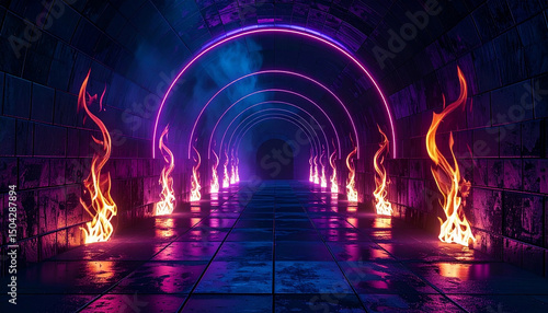 Neon light tunnel with fire flames on wet tiled floor and dark brick walls creating mysterious and intense atmosphere in futuristic corridor