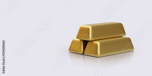 Three Golden Bullion Bars in Pyramid Stack on Light Background. Suitable for Investment, Wealth, Finance, and Luxury Concepts. Glossy and Realistic Vector Illustration with Clean Composition.