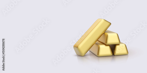 Four Golden Bullion Bars with One Leaning Forward on Light Background. Suitable for Investment, Wealth, and Financial Concepts. Glossy, Realistic, and Clean Vector Illustration.