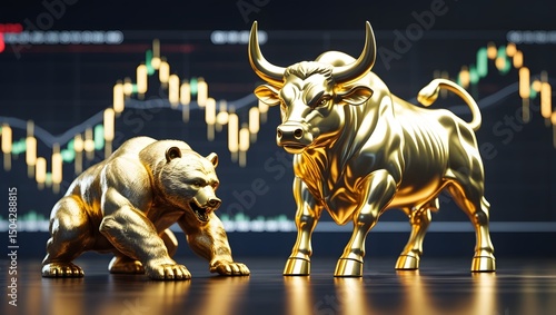 Golden Bull and Bear Statues with Stock Market Chart Background, Symbol of Financial Market Trends, Investment, and Trading