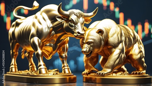 Golden Bull and Bear Statues with Stock Market Chart Background, Symbol of Financial Market Trends, Investment, and Trading