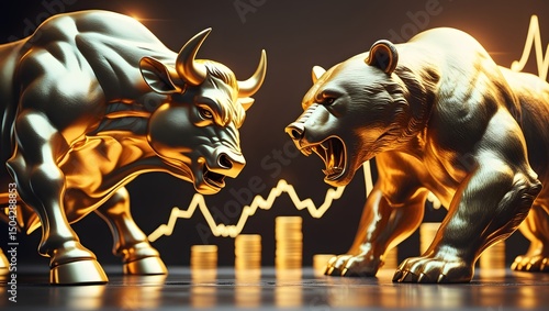 Golden Bull and Bear Statues with Stock Market Chart Background