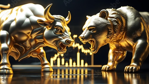 Golden Bull and Bear Statues with Stock Market Chart Background